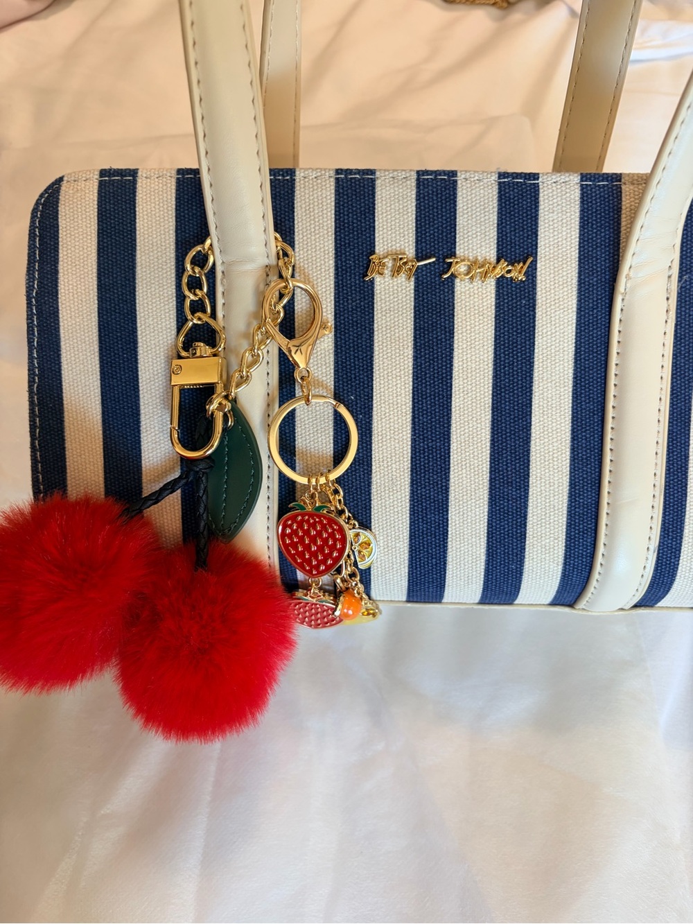 Betsey Johnson Navy & White Striped Tote with Red Pom Pom & Strawberry Charm